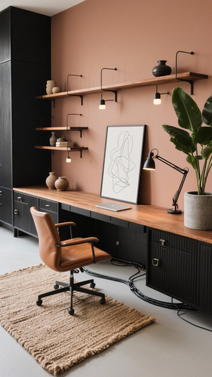 Overhead detail shot of an urban organic office desktop zone: wall-to-wall matte black built-ins with upper shelves and warm oak desktops below, walls painted soft clay. On the desk, a jute-and-wool flatweave rug edge visible beneath a low ergonomic cognac leather chair. Cable trough hides cords; fluted-door cabinet faces along the lower run. Styling on shelves: adjustable swing-arm sconces mounted above, a large-scale line drawing leaning, a few pottery pieces, and a big-leaf plant in a concrete cylinder planter nearby. Soft, focused task lighting; photorealistic.