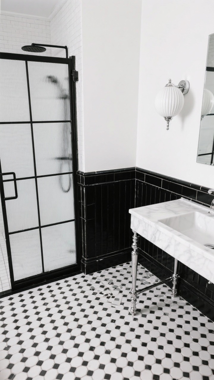 Overhead detail shot of “Black-and-White Graphic Classic” floor and lower wall: small-scale black-and-white mosaic tiles (mini hex/penny) creating subtle movement; half-height black chair rail tile meeting bright white walls; narrow console sink with open legs revealing more floor; partial view of black-framed shower screen with thin muntins; fluted globe sconce reflections in chrome accents; crisp high-contrast lighting, no people.