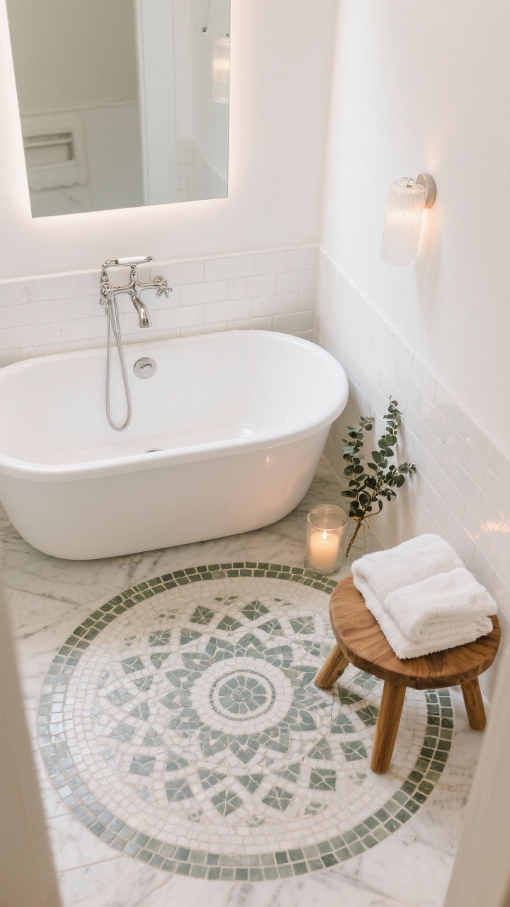 Overhead detail shot of spa bath floor and tub zone: soft white zellige wall tiles visible at the edges, a freestanding tub centered over a circular mandala mosaic floor inlay; brushed nickel fixtures gleaming softly; teak bath stool with fluffy white towels folded; frosted glass candle lit next to a small eucalyptus bundle; frosted sconces casting an even spa-like glow; clean, serene, no people, photorealistic.