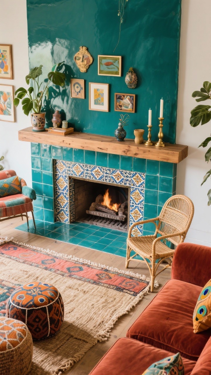 Overhead detail shot of the hearth zone: A saturated teal enamel fireplace with Moroccan-inspired tiled hearth detail; simple pine mantle styled with a rotating gallery of small art and curios, tapered candles, and an asymmetrical plant moment; below, a layered rug combo—kilim over sisal—with edges of a rust velvet sofa, rattan peacock chair, and patterned ottomans peeking into frame; palette teal, rust, coral, saffron, natural jute; materials glazed tile, velvet, rattan, brass; playful, color-soaked, eclectic mood with soft natural daylight.