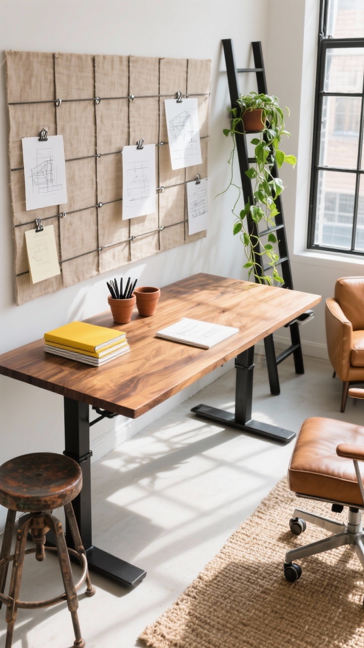 Overhead detail shot of workspace surface: Sun-drenched studio office desk vignette showing a stained ash top on a black steel standing desk near an iron-framed window casting bright natural light. On the back wall, a floor-to-ceiling grid of flax-linen pinboards with metal clips holds sketches and notes. Include a curry yellow notebook stack, rust clay pots, graphite pens, and a trailing pothos from a black shelf ladder edge. Hint of a vintage architect’s stool and a soft leather club chair in the periphery; sisal rug texture visible under rolling casters. Clean, creative, photorealistic.