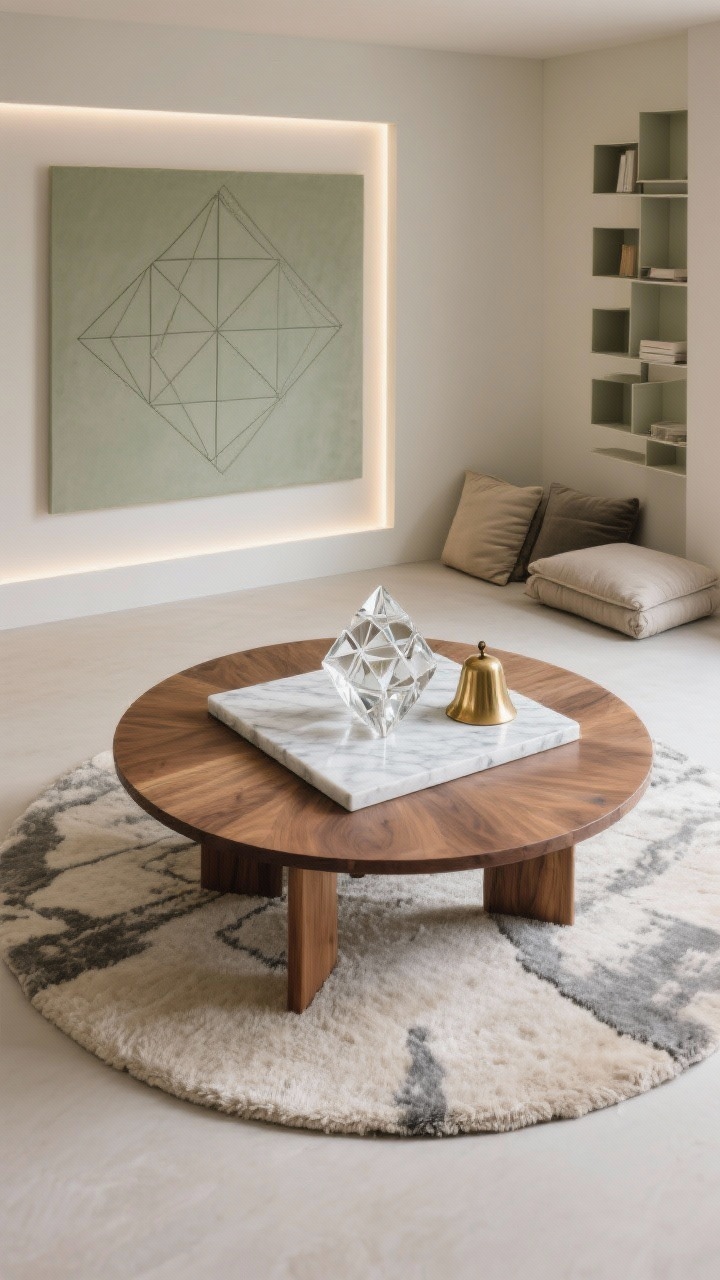 Overhead detail shot: Sacred geometry studio tabletop composition centered on a round wool rug and a low oak table; on the table, a crystal grid arranged on a marble slab with a brass bell beside it; muted palette of cream, slate, and muted sage; geometric wall art and modular shelving visible in the periphery, neatly symmetrical with folded floor cushions nearby; subtle LED strip backlighting behind a wall panel creating a soft halo effect; clean, balanced, modern, photorealistic.
