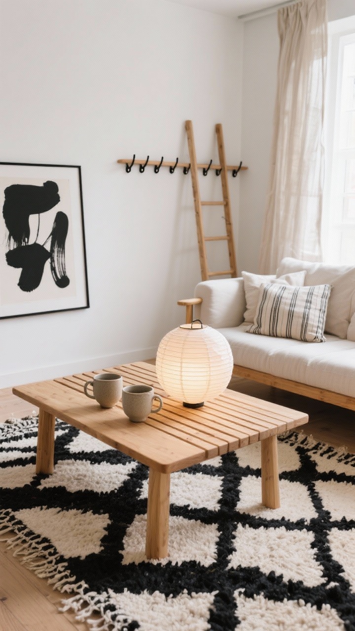 Overhead detail shot: Scandinavian-boho coffee table styling on a black-and-ivory Berber rug. A slatted oak coffee table holds stoneware mugs, a minimalist abstract black ink print partially visible, and a paper lantern’s soft glow casting gentle shadows. Nearby: a blond-wood sofa frame with linen cushions, narrow stripe pillows, and ladder shelving with matte black hooks in the periphery. Sheer flax curtains diffuse daylight. Colors: soft white, light oak, black accents, warm beige. Photorealistic, clean and airy.