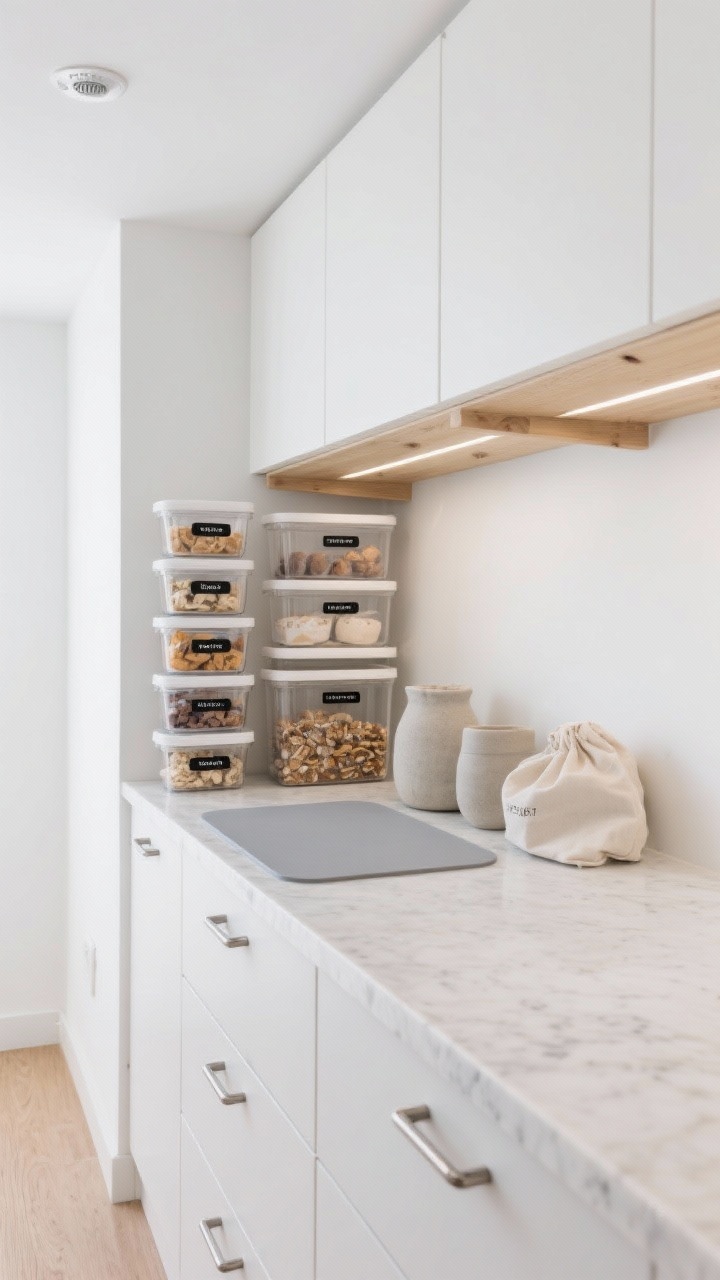 Overhead detail shot: Scandinavian organization focus showing a narrow white quartz counter with blonde birch shelves above; soft-close hidden drawers beneath, each labeled in simple black type; stackable clear bins arranged vertically with snacks and baking supplies; crisp white walls and ceiling; minimalist satin-nickel finger pulls; soft gray silicone mats, pale stoneware, and linen storage bags adding subtle texture; even, bright LED panel light with motion-sensor glow; photorealistic, no people.
