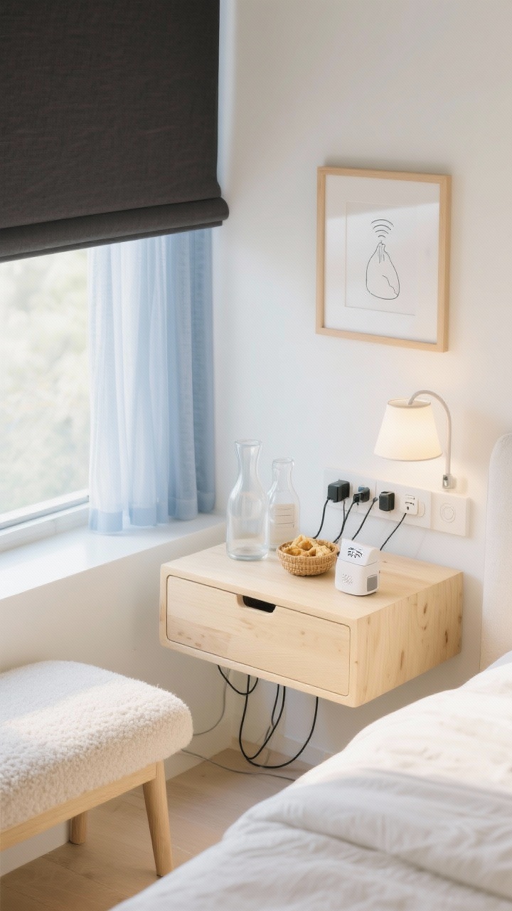 Overhead detail shot, Serene Tech-Savvy Haven nightstand setup: Scandi palette of buttery whites, pale ash wood, hint of dusty blue; light wood bed with rounded edges and neutral boucle bench partly visible; nightstand with soft-close drawer and integrated cord cutouts; charging station with multi-cable charger, Wi‑Fi info card; voice-controlled lamp and smart dimmer remote; double-layer window treatment (blackout + sheer) glimpsed nearby; minimal line drawing in a pale wood frame at edge of frame; carafe set, mini snack basket, and compact air purifier nearby. Photorealistic, soft diffuse morning light, clean and polished mood.