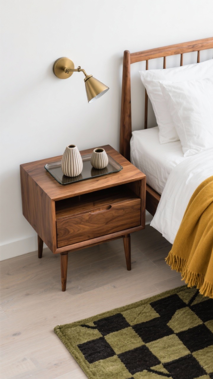 Overhead detail shot, Sleek Mid-Century Redux: A top-down view capturing a warm walnut nightstand with drawer-and-open-cubby next to a walnut bed frame with tapered legs. Crisp white bedding with a mustard throw draped across the corner. A matte brass swing-arm sconce extends over the nightstand; a smoked glass tray holds ribbed ceramic objects. Part of a geometrics-meet-organic rug shows pattern at the edge. Hints of olive and charcoal accents. Clean, polished lighting. Photorealistic.