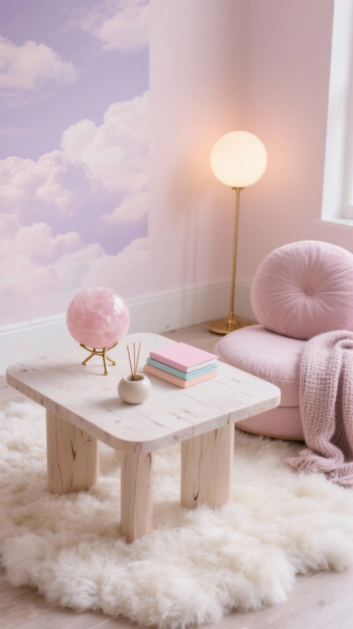 Overhead detail shot: Soft pastel cloudscape styling on a whitewashed pine meditation table atop a cream cloudlike shag rug, walls in powder blush or misty lavender casting a soft halo, dim-to-warm LED orb lamp providing gentle diffused glow, tabletop includes a rose quartz sphere on a brushed brass stand, pale ceramic incense holder, and a tiny stack of pastel notebooks, nearby rounded cushion in dusty rose with a casually tossed knit throw, palette of blush, cream, lavender, and brushed brass, dreamy and light, photorealistic.