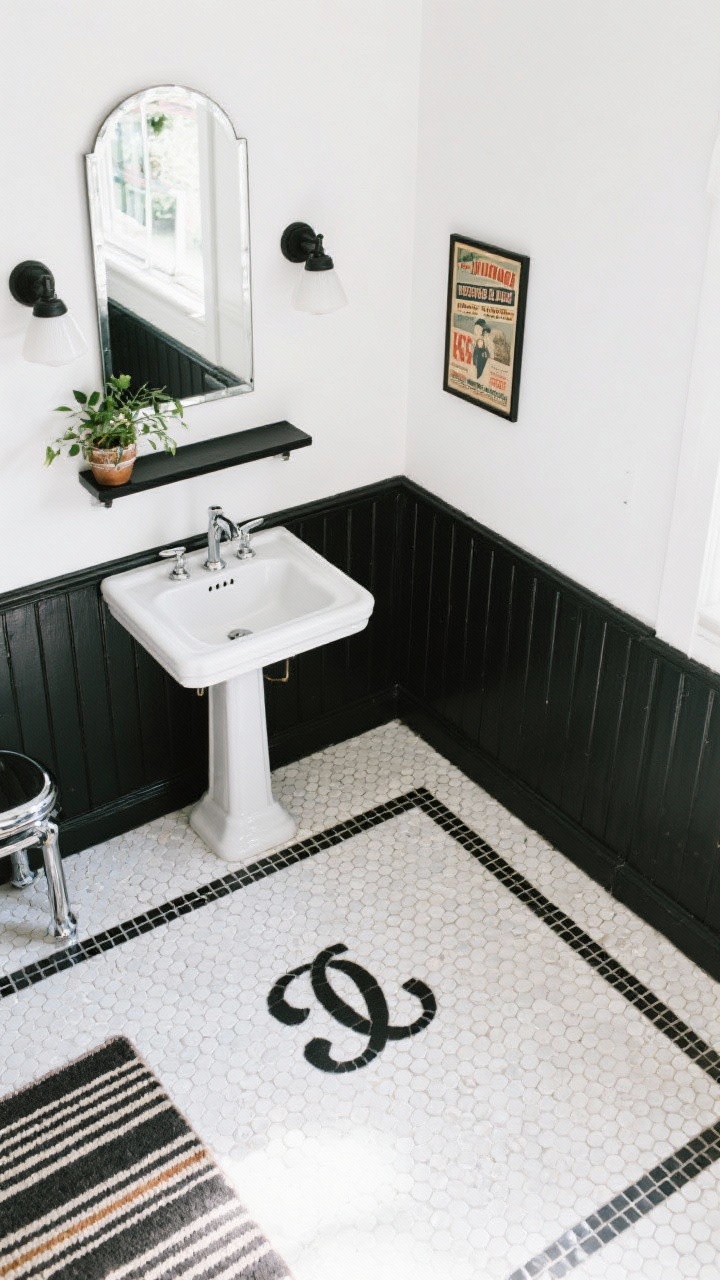 Overhead detail shot — Vintage Eclectic: A top-down view of white penny tile floor with a black mosaic border and a custom black monogram near a console sink with chrome legs, adjacent half-height black beadboard wainscot meeting a bright white upper wall, a tilt mirror and schoolhouse sconces with black caps partially visible at the edge of frame, a small black shelf with a plant, a framed vintage ad, and a striped rug corner; shiny chrome highlights, character-rich pattern, photorealistic, no people.