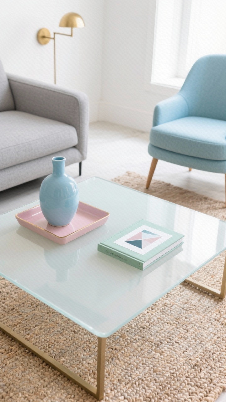 Overhead detail, Soft Color Pop styling: frosted glass coffee table on a natural jute rug; pastel accents repeated—powder-blue ceramic vase, blush lacquer tray, and a sage-toned book with white-matted soft geometric print postcard atop; glimpses of a stone-gray sofa edge and a powder-blue accent chair leg at frame edges; brass sconce light pooling softly onto the tabletop; white, gray, powder blue, blush, sage palette; bright, clean daylight, photorealistic.