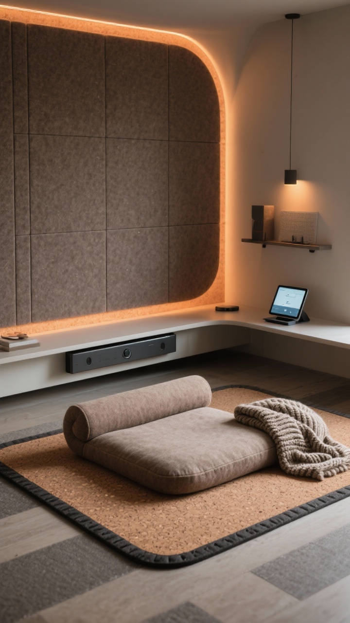 Overhead detail, Tech-Enhanced Tranquility: thick cork-and-rubber mat base with a memory-foam meditation cushion, supportive bolster, and a weighted knit throw folded neatly. Warm taupe floor field with soft graphite accents; curved felt acoustic panel wall visible at frame edge. Smart tunable lighting set to amber evening tone; discreet soundbar beneath a floating shelf; hidden diffuser tucked behind decor, tablet dock on wall with subtle interface glow. Felt, cork, performance fabric textures highlighted, cocooned modern mood, photorealistic.