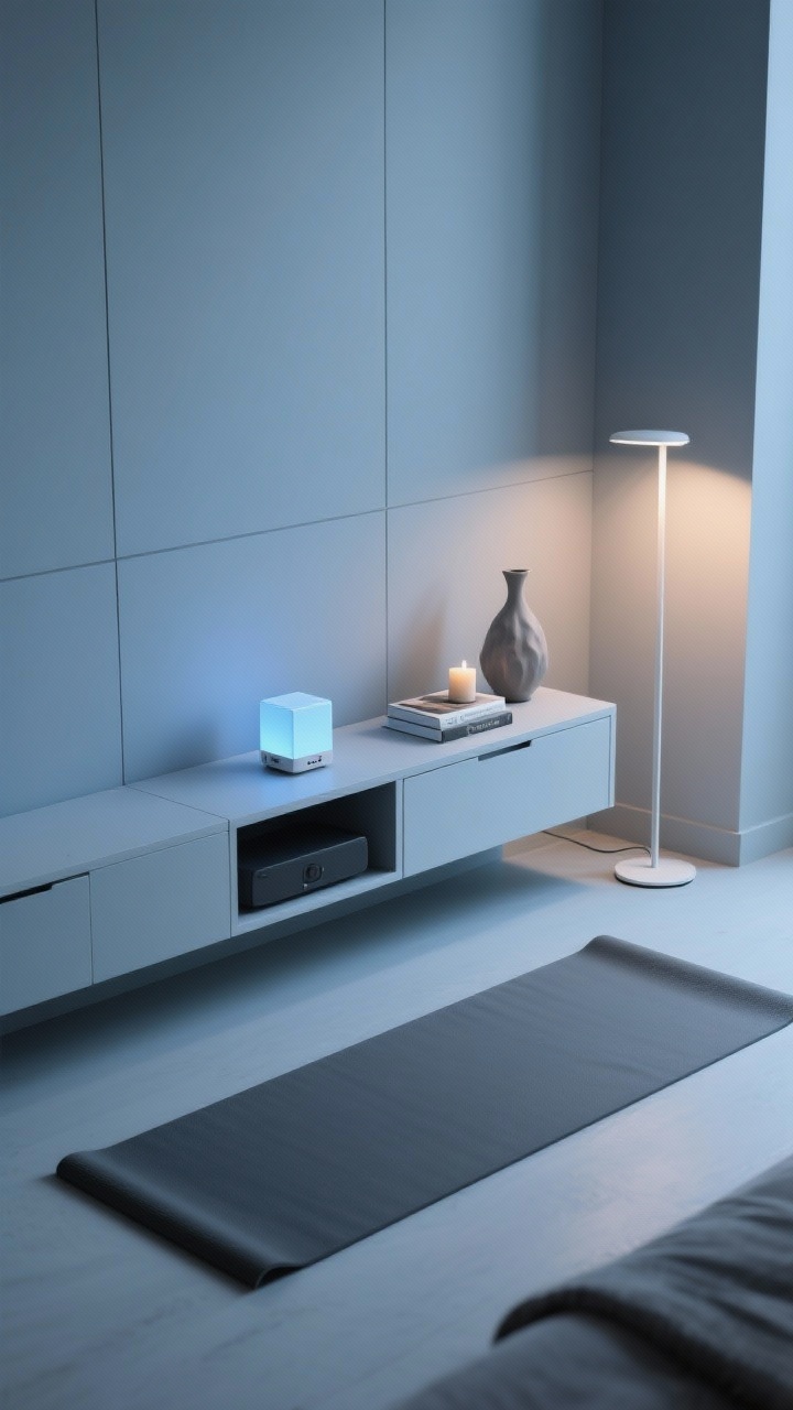 Overhead shot for order and tech: Blue-gray room with architectural lines; a graphite yoga mat precisely aligned to a low media shelf with hidden storage; on the shelf, a compact smart speaker playing brown noise, a cube diffuser cycling a subtle cool blue glow, and restrained decor—one sculptural vase, one book, one candle; tunable white LED floor lamp set warm for evening light casting clean shadows; tones of blue-gray, graphite, and matte white; sleek, modern calm, photorealistic, no people.