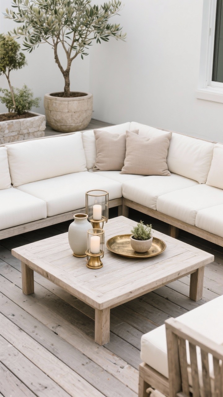 Overhead shot, neutral styling on mixed/composite deck in weathered oak light taupe-gray (solid/semi-solid) that bridges warm and cool: cream outdoor sectional with pale taupe pillows arranged around a bleached-wood coffee table; ceramic hurricanes on the table; brushed champagne bronze accents and aged brass tray; planters in putty and stone shades with olive trees; linen-look textiles visible; soft overcast daylight for even tones; calm, curated feel, photorealistic.