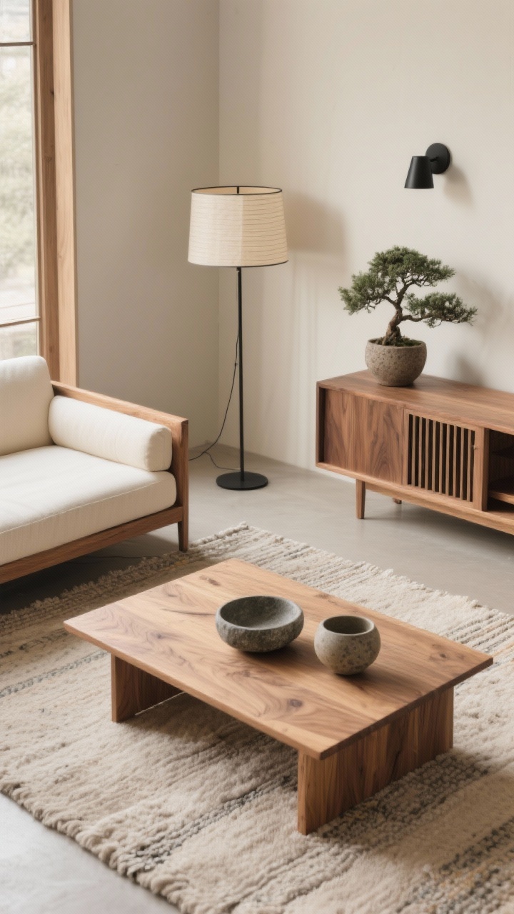 Overhead styled vignette, Japandi Warm Minimalism coffee table scene: rectangular ash coffee table with visible grain holding stone bowls and imperfect ceramics; part of a low-profile oak sofa frame with cream cushions along the edge; wool flatweave rug beneath; glimpse of a rice paper floor lamp base and slim black wall sconce shadow; floating oak media console with slatted doors in background blur; single bonsai in a textured pot nearby; earthy neutrals, calm and intentional, photorealistic.