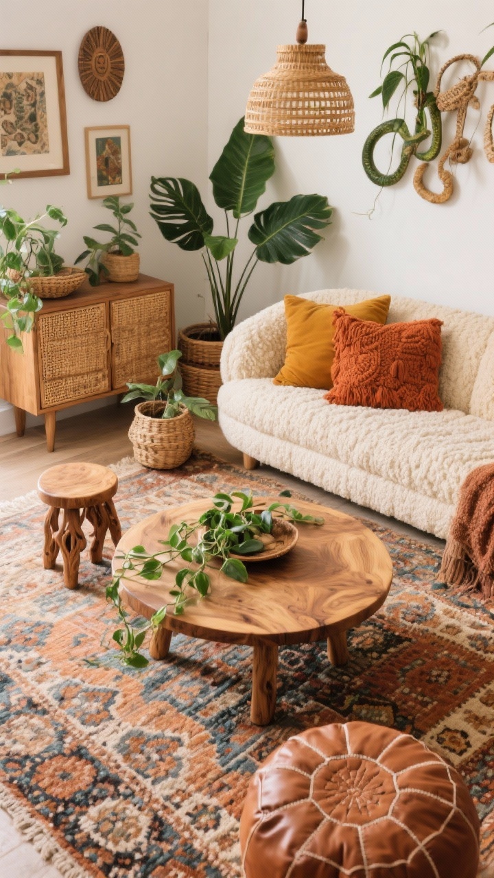 Overhead tabletop detail shot, warm boho scene: round mango wood coffee table on a chunky Moroccan-inspired rug, in front of a cream boucle curved sofa piled with textured pillows in terracotta, saffron, and cinnamon. Carved wood stool and cognac leather poufs nearby, rattan pendant glow spilling across cane-front cabinet surface. Woven basket gallery and artisan prints on soft white walls; lush plant life—trailing pothos, fiddle-leaf fig, and snake plant—framing the composition. Cozy layered textures, photorealistic.