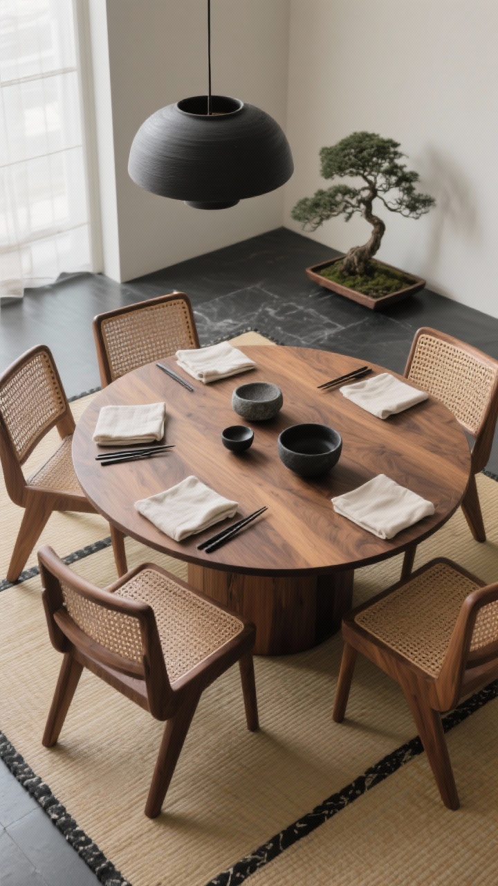 Overhead three-quarter angle, Japandi zen: low pill-shaped walnut dining table with rounded edges paired with paper-cord woven dining chairs featuring supportive curved walnut backs, lightweight but sturdy; grounded palette of warm wood, black stone, and natural fiber; tatami-inspired rug beneath; charcoal ceramic pendant above; tabletop styled minimally with linen napkins, matte black chopstick rests, and stone serving bowls; a shallow bonsai tray nearby; calm, meditative mood with soft natural light; photorealistic, no people.
