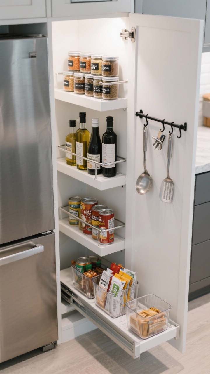 Overhead/three-quarter detail shot, compact slide-out pantry: tall, narrow pull-out shelves tucked between fridge and wall, slim chrome or black rails keeping bottles secure. Shelves zoned by height: top rack of uniform spice jars labeled on the lids for top-down readability, mid-level oils and canned goods, slim acrylic bins corralling packets. Magnetic strip on the side holding scoops and clips, exterior panel matching surrounding cabinetry for a seamless look. Bright, functional lighting, photorealistic.