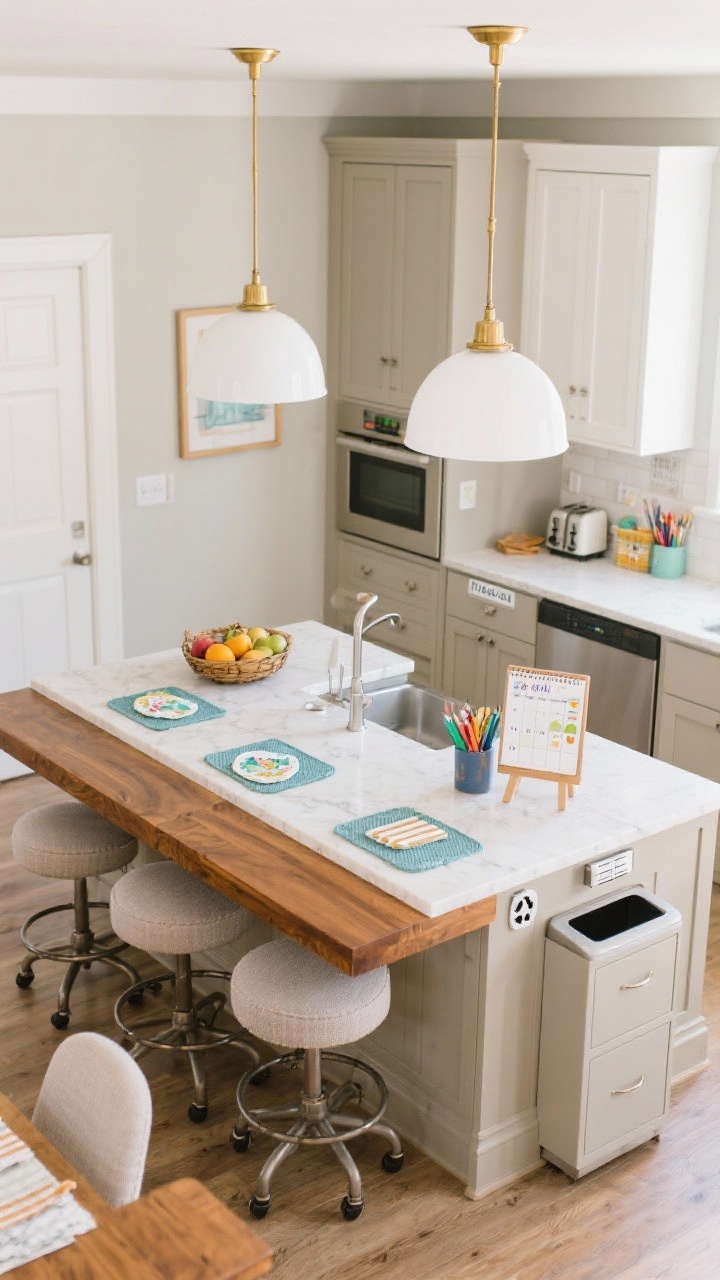 Overhead/three-quarter top-down view, family-first dual-level island: a two-tier design with a lower durable quartz prep surface and a raised warm walnut bar. Base painted soft taupe in kid-proof satin; bright white dome pendants with brass detailing above. Swivel upholstered stools in performance fabric around the bar side. Visible features: integrated power outlets, a drawer labeled for art supplies, a built-in breakfast station with toaster nook, wide trash/recycle sorter, and a shallow drawer for placemats. Styling: fruit basket, family calendar on a stand, and wipeable chic placemats. Cheerful, practical vibe.