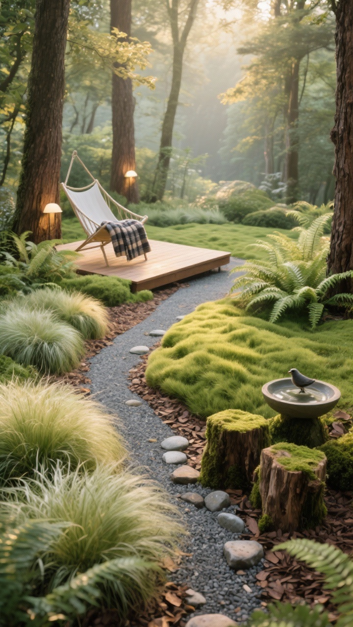 Overhead-to-oblique view of a woodland edge sanctuary in soft morning light: a curved gravel path threading through layered swathes of Japanese forest grass, Carex ‘Ice Dance’, and tufted hair grass forming gentle mounds; cedar chip mulch, river stones, and soft uplighting fixtures at tree trunks visible; a small reading deck with a lightweight sling chair and folded plaid throw nestled among ferns; a simple birdbath and mossy log stools near the path; palette of fern green, chartreuse, bark brown, soft gold; tranquil, photorealistic.
