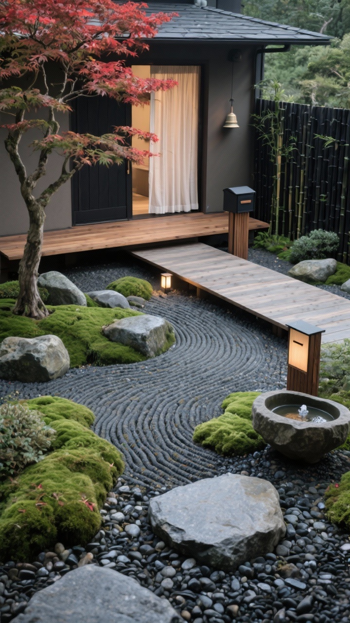 Overhead to slightly oblique wide shot of a zen stone garden entry: raked river pebble field with precise patterns, islands of soft moss and carefully placed granite boulders; a low, simple cedar platform walkway leading to the door like a floating bridge; a sculptural Japanese maple as the focal tree and a slim grove of black bamboo along one edge; shou sugi ban mailbox post and a stone basin water detail near the entry; charcoal, cedar, moss green, crimson leaf palette; subtle path lights and a simple bell chime, linen door curtain moving gently; photorealistic, serene restraint and texture, no people.