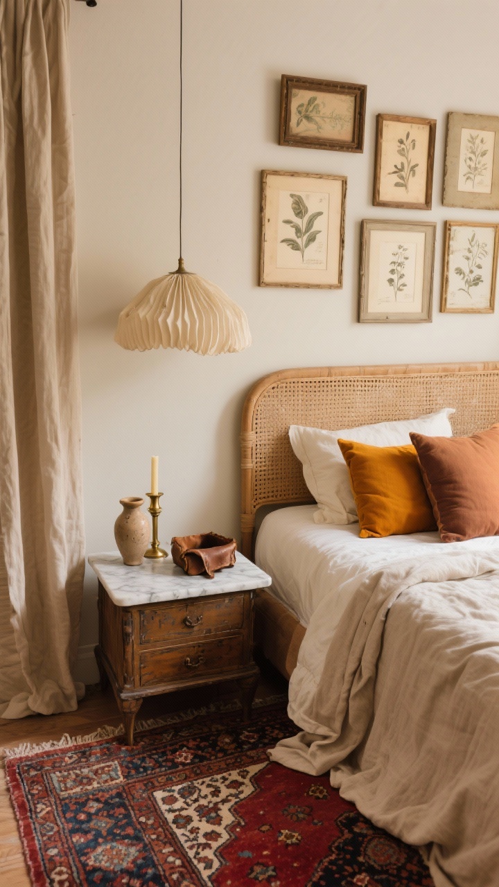 Overhead vignette detail: “Vintage Soul, Boho Bones” bedside scene showing a vintage Persian rug in muted reds and indigos, warm oatmeal wall edge, a rattan headboard peeking in, creased linen drape puddling; marigold, tobacco, and cream pillows stacked; marble-topped antique nightstand with brass candlesticks, ceramic bud vase, and worn leather catchall; glimpse of asymmetrical gallery of thrifted frames with botanical sketches above; pleated fabric pendant softly diffusing light. Cozy, nostalgic mood, photorealistic.