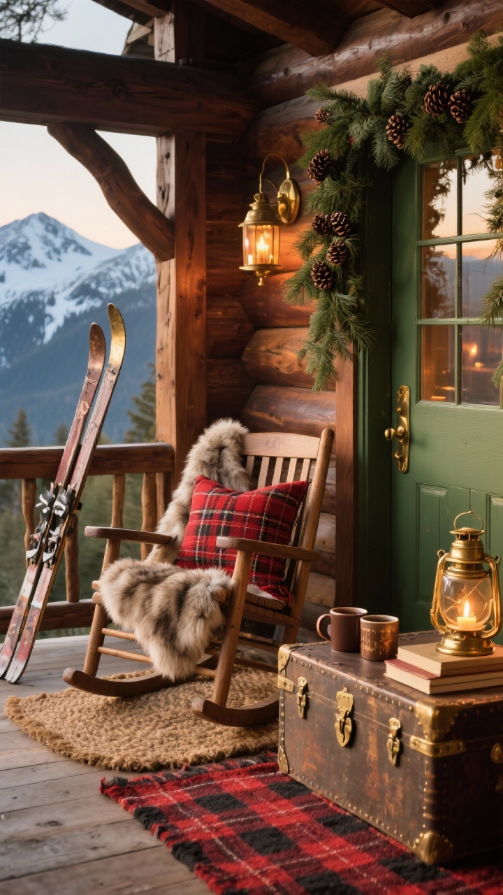 Photorealistic alpine lodge porch, wide shot from a slight corner angle, cozy mountain-cabin vibe. Rich woods, warm plaids, and aged brass details. Solid wood rocking chair draped with a faux fur throw and a rust-red plaid pillow. Weathered trunk used as a side table with cocoa mugs and a small stack of cabin books. Thick garland around the door with pinecones and cedar sprigs. Palette: forest green, oxblood, walnut, antique brass. Vintage-inspired ski poles propped by the door. Hammered brass lanterns with warm, flickering candlelight. Layered coir mat over a red-and-black buffalo check rug. Golden-hour warmth reflecting off wood grain and brass.