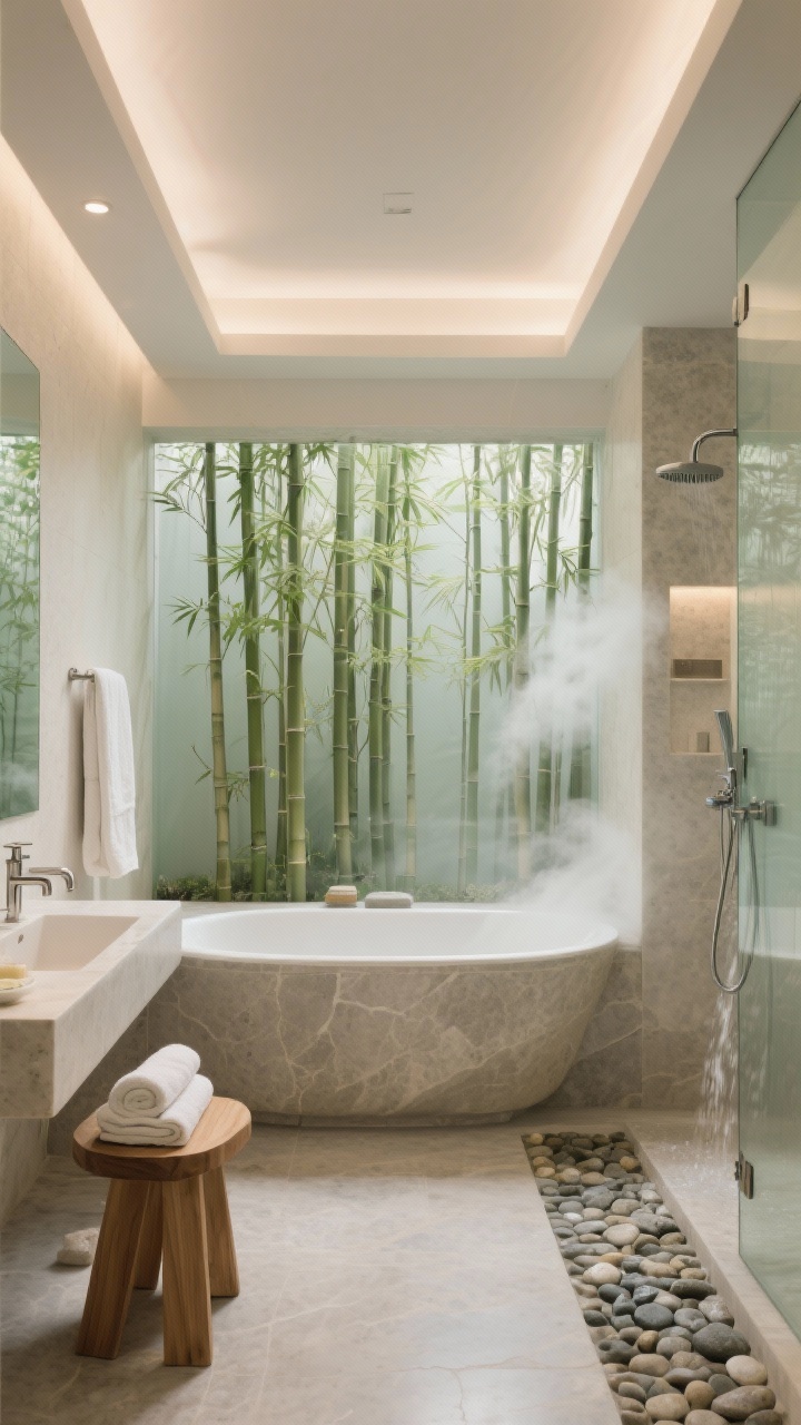 Photorealistic bathroom medium-wide, bamboo grove spa: behind-glass mini bamboo grove as backdrop, stone soaking tub in soft honed finish, river-pebble flooring in the shower zone with gentle water trickle; soft spa palette of oat, cream, stone gray, and a hint of green; brushed nickel fixtures, neatly folded linen bath towels, sleek teak stool for bath rituals; frosted glass accents and recessed cove lighting washing the walls gently; serene, steam-kissed atmosphere; clean straight-on composition showcasing tub and bamboo screen