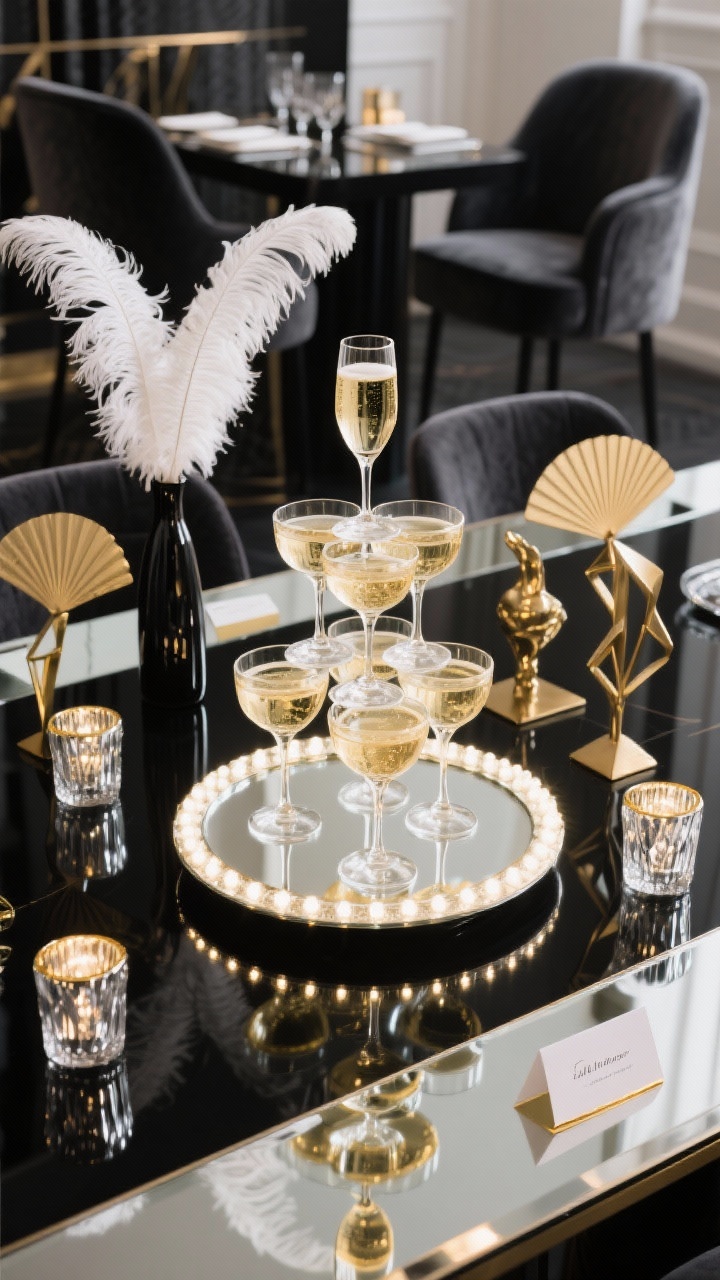 Photorealistic closeup/angled shot of an Art-Deco champagne tower centerpiece: a petite three- to four-tier tower of champagne coupes set on a round mirror with warm white micro lights threaded beneath for glow; surrounded by mercury-glass votives, geometric brass sculptures, and a few white ostrich feathers in a slim black vase. The table surface is black lacquer or features a mirrored runner; velvet dining chairs in charcoal or midnight blur in the background. Accents include fan-shaped place cards and hints of gold-rimmed glassware. Palette of black, white, gold, and mirror; glamorous, photo-ready atmosphere.