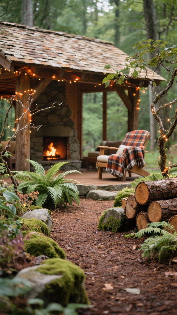 Photorealistic closeup/detail in a woodland hideaway: mulch path leading toward a timber pavilion with a shingled roof softly out of focus, foreground shows mossy stones, ferns, hostas, and heuchera with rich textures, fairy lights wrapped around branches twinkling, a stack of cut logs forming a textured wall; inside pavilion glimpses of a stone hearth-style fire feature with ember glow, plaid wool throw draped over a rustic Adirondack rocker; palette of forest green, bark brown, ember orange, cream; rough-sawn timber and fieldstone materials.