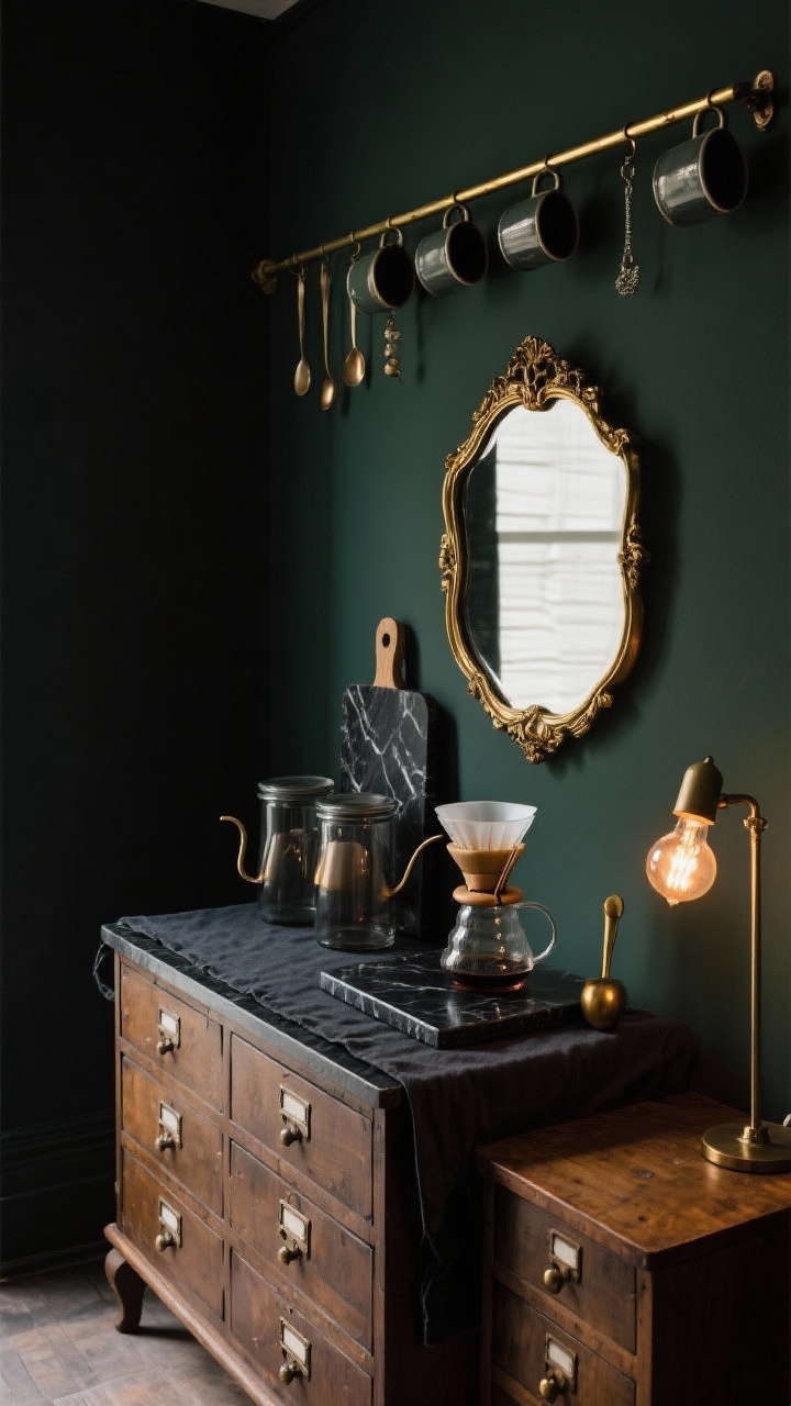 Photorealistic closeup detail, Moody Apothecary Cabinet Bar: vintage-inspired apothecary chest barely wider than a nightstand set against a deep charcoal or inky green wall; antique gold-rimmed mirror leaning for depth reflected softly; black marble cutting board with a gooseneck kettle and pour-over dripper; smoked glass canisters and a brass measuring scoop; slender brass rail above with handled mugs and tiny spoons hanging like jewelry; dark linen runner on the top; warm filament bulb table lamp to the side creating a speakeasy glow and rich shadows; moody, old-world atmosphere, angled corner perspective.