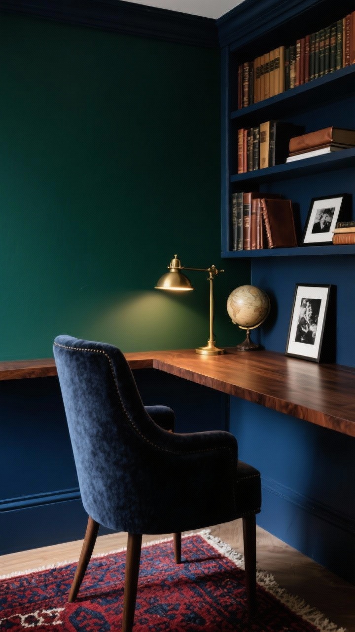 Photorealistic closeup detail of a moody library nook: rich ink blue (or forest green) wall as backdrop, dark-stained wood desk edge, plush high-back chair in deep velvet or tweed texture. A brass banker’s lamp casts warm 2700K light pooling onto the desktop. Include a corner of built-in bookshelves with leather-bound notebooks, a small globe, and framed black-and-white photos. A patterned wool rug in burgundy and navy visible at the bottom edge. Intimate, cocooned mood, shallow depth of field.