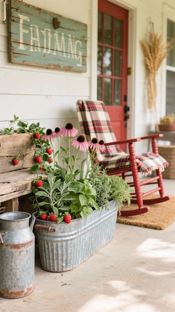 Photorealistic closeup/detail of a rustic farmhouse porch vignette; galvanized metal trough planter with herbs (sage, basil, thyme) in the center, echinacea or black-eyed Susans adding barn red and cream tones, trailing strawberries or ivy spilling down the side; reclaimed wood textures nearby; vintage milk can, plaid throw on a rocking chair, jute doormat; hand-painted wood sign above entry slightly out of focus; earthy palette of sage, barn red, cream, and wheat; soft afternoon shade; focus on plant textures and patina of galvanized metal.