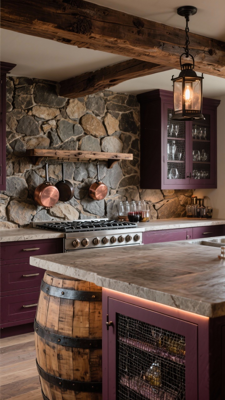 Photorealistic closeup detail of a rustic wine cellar kitchen vignette: exposed stone wall behind a dual-fuel range, rough-cut fieldstone backsplash, heavy chestnut ceiling beam partially visible; island clad in repurposed wine-barrel staves showing curved stave texture and iron bands; inset cabinet doors with wire mesh revealing glassware; iron lantern pendant glow and subtle LED strip light under the counter lip; deep palette of plums, muted burgundy, and dark chocolate tones; include a reclaimed-timber pot rack with copper and iron cookware.