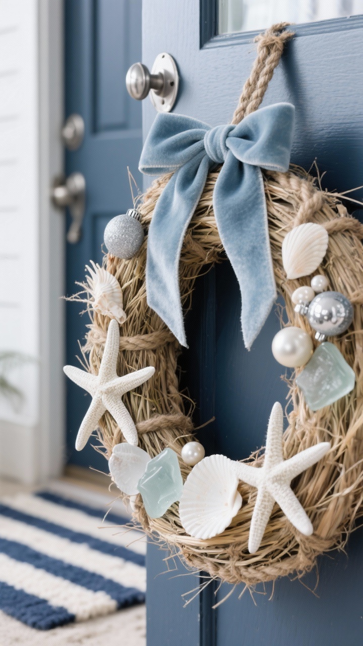 Photorealistic closeup detail of a seagrass/rope-wrapped wreath layered with white starfish, pale shells, frosted sea glass accents, and a dusty blue velvet ribbon. A few small silver baubles are tucked like sea pearls. Background shows a navy door with brushed stainless hardware and a hint of a nautical stripe doormat (navy and cream). Soft, cool coastal daylight with a gentle, wintry beach mood.
