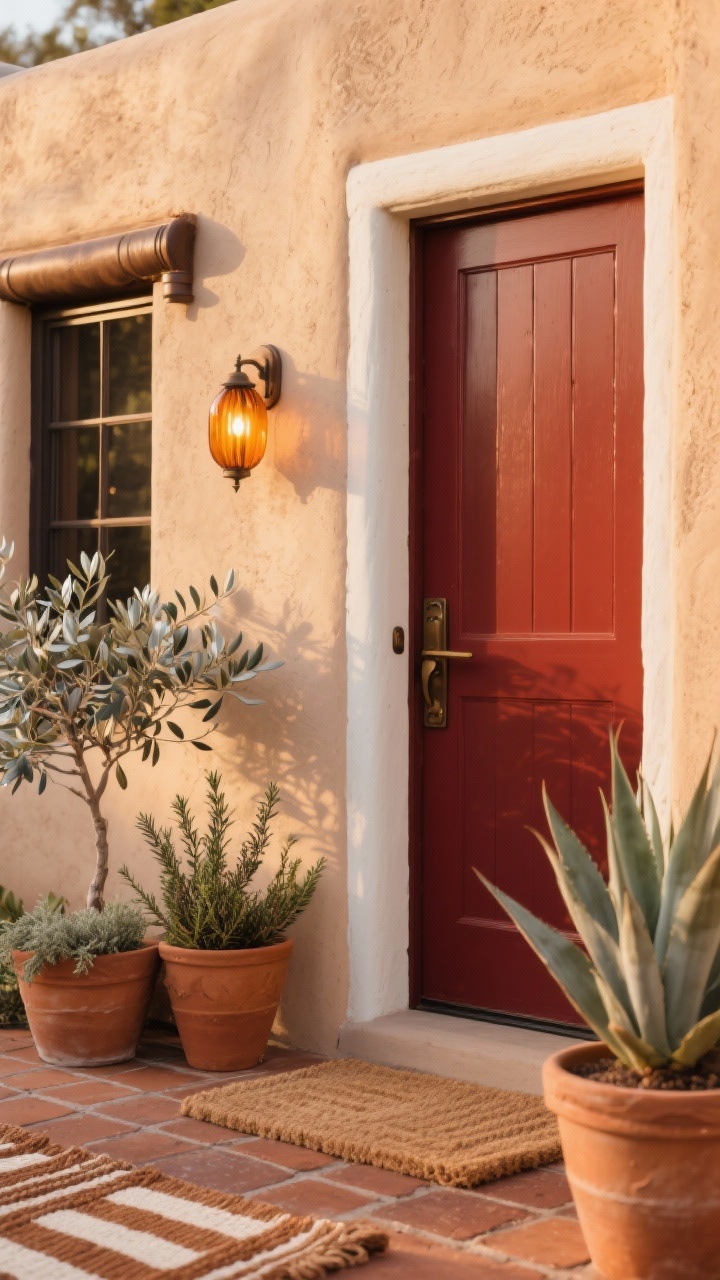 Photorealistic closeup detail of a sun-warmed entry at late afternoon: soft desert clay stucco wall with subtle texture, almond off-white trim edge, dark bronze window frame and downspout. A saturated oxblood red-brown front door with oil-rubbed bronze lever, amber-glass sconce glowing softly. Foreground features terracotta planters with silvery olive tree leaves, rosemary, and yucca; rust-toned pavers underfoot with a woven jute doormat and a cinnamon-and-cream striped outdoor rug peeking in frame.