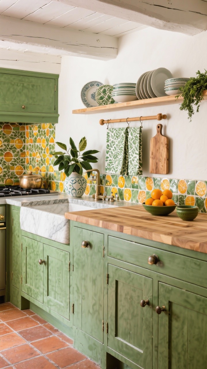 Photorealistic closeup detail of an orchard Tuscan kitchen work surface: hand-glazed olive green cabinet fronts with light mottling and classic pulls, terra-cotta hex tile flooring visible at the toe-kick; soapstone perimeter counter meeting a maple butcher-block island top; over-range mosaic of citrus tiles as a colorful focal reflection; ceiling of whitewashed beams softly out of focus above; plate rack and dowel shelves holding cutting boards; block-printed linens in sage and saffron; bowls of oranges, a vase of bay leaves, and a hanging herb rail; bright, artisanal charm.