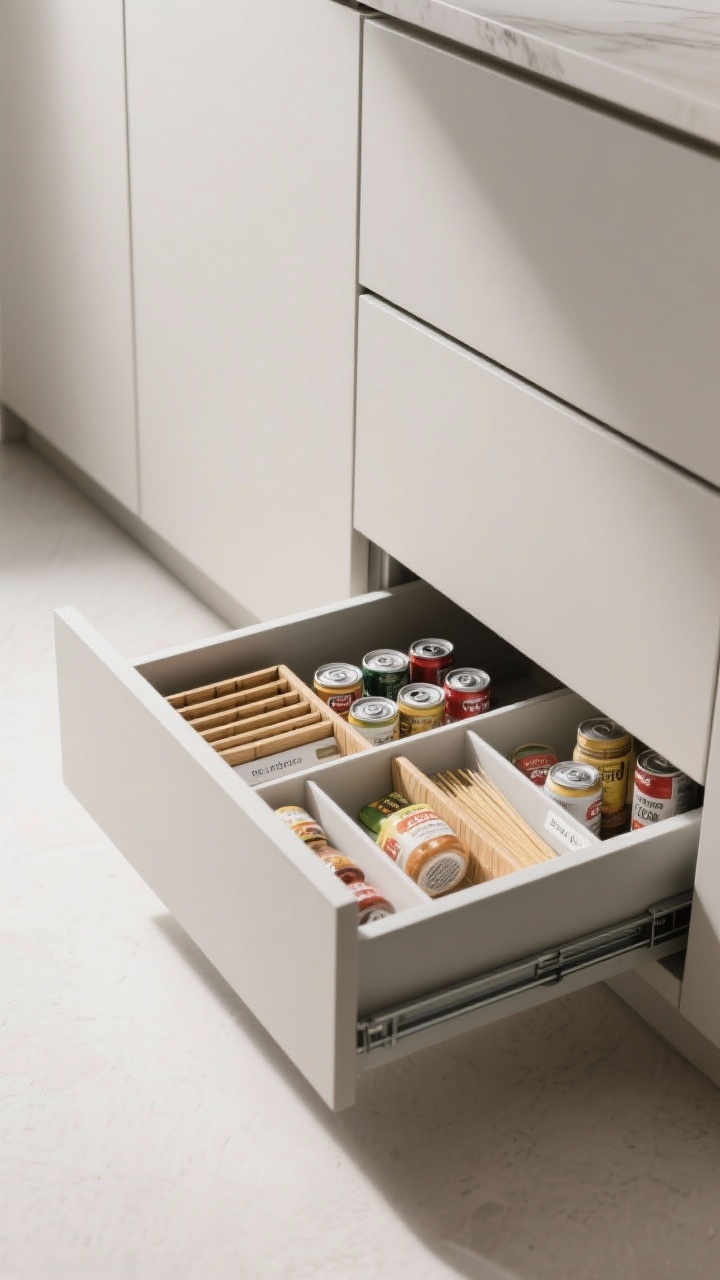 Photorealistic closeup detail of hidden toe-kick pantry drawers at the base of sleek cabinetry; face panels perfectly match the cabinetry for a seamless, minimalist look; one deep, full-extension drawer pulled open to reveal cans, spice refills, and backup staples organized with adjustable bamboo dividers and low-profile labels; soft-close glides mid-motion; neutral, seamless palette matching the cabinets; crisp studio-like lighting with gentle shadows; low, side angle at foot level to emphasize the concealed design.