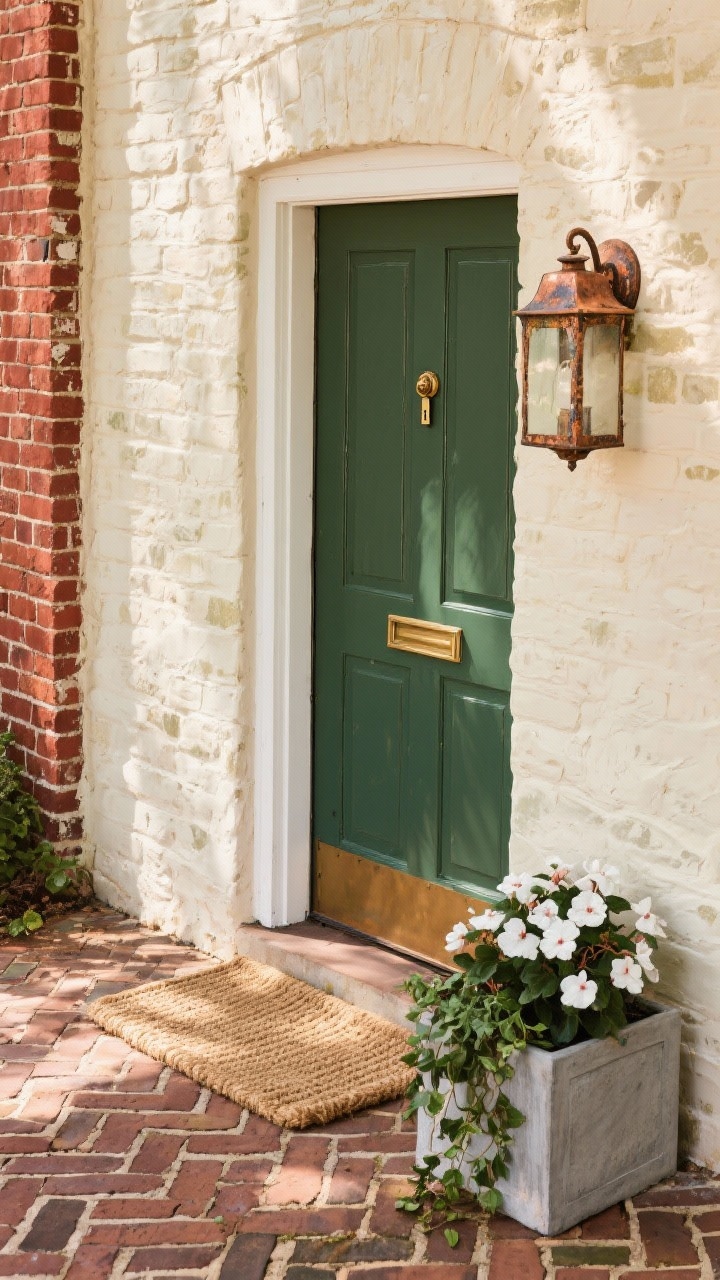 Photorealistic closeup detail of historic texture interplay in warm afternoon light: soft cream limewash over brick showing variegation, adjacent section of exposed heritage brick red for contrast, trim in buttermilk white. A deep oxford green door edge with antiqued brass knob and keyhole, copper lantern sconce beginning to patina. Foreground shows herringbone brick walkway pattern leading in, natural coir runner at the threshold, and a box planter with white begonias and trailing English ivy.