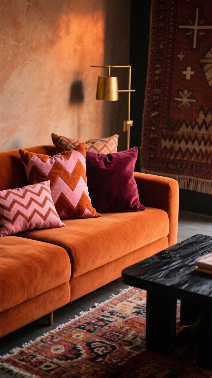 Photorealistic closeup detail of layered patterns and sunset tones: the corner of a paprika/burnt orange velvet sofa piled with pillows in mixed scales of diamonds, zigzags, and crosses in rust, pink, and deep burgundy; edge of a pattern-rich wool rug beneath; blackened dark-wood coffee table corner anchoring the scene; background hint of a clay-wash wall or near floor-to-ceiling tapestry; warm moody glow from brass swing-arm sconce; textures velvet, wool, matte plaster, dark wood; colors paprika, rust, burgundy, clay, black.