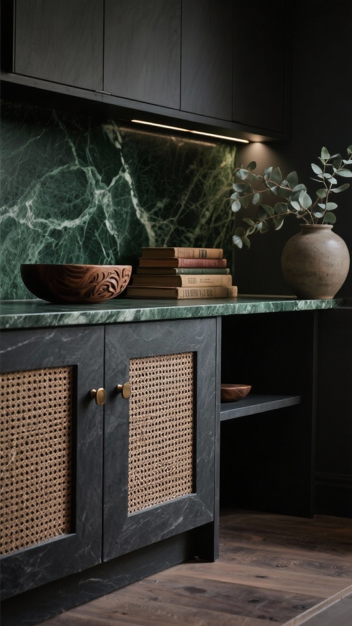 Photorealistic closeup detail of moody materials: charcoal slab cabinet door with cane panel insert and brushed bronze pull, meeting a deep green marble backsplash with strong veining and waterfall edge; nearby objects include a stack of vintage cookbooks, a carved wooden bowl, and an unglazed ceramic vase with eucalyptus; background hints of smoked oak flooring with matte finish and a soft pool of light from dimmable spotlights; intimate, low-key lighting to emphasize texture and contrast, shallow depth of field.