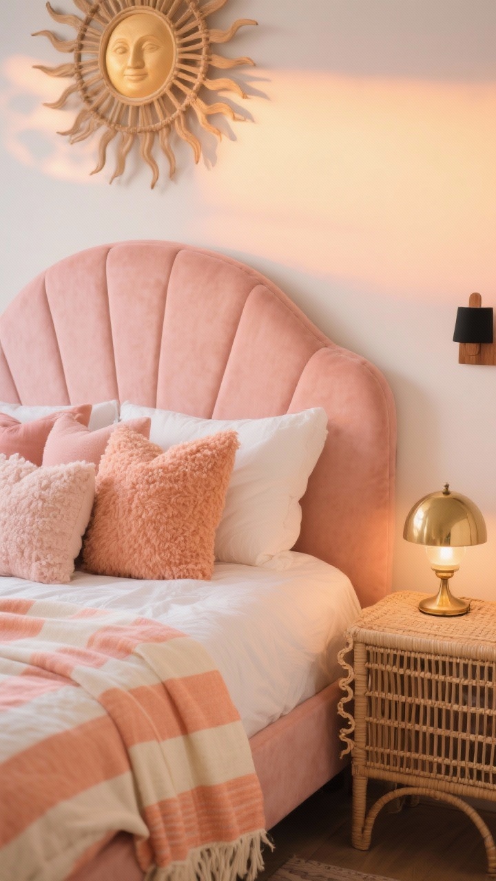Photorealistic closeup/detail of Sunset Sorbet Boho textiles and forms: curved upholstered headboard in blush or camel framed tightly; peachy percale sheets, a striped throw in melon and cream draped in soft folds; a cluster of mixed-shape pillows (bouclé textures) in blush, peach, apricot; brass petite globe lamp glowing warmly on a scalloped rattan nightstand edge; sunburst wall art softly blurred in the background; small black or walnut accent visible for balance; warm, sunrise-like lighting.