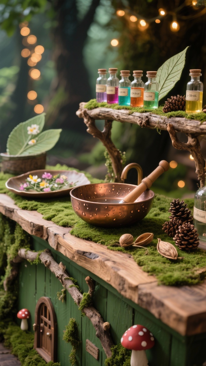 Photorealistic closeup detail of the Woodland Fairy Apothecary counter: mossy-green base, rustic branch shelf supports, a copper bowl sink with water droplets, pressed-flower labels on tiny glass vials of colored water, wooden mortar and pestle, pinecones, seed pods, and soft moss mats; uneven organic wood counter edge; hints of tiny doors, toadstool accents, and a leaf-shaped tray in background bokeh; warm twinkle lights creating a magical, dappled glow.