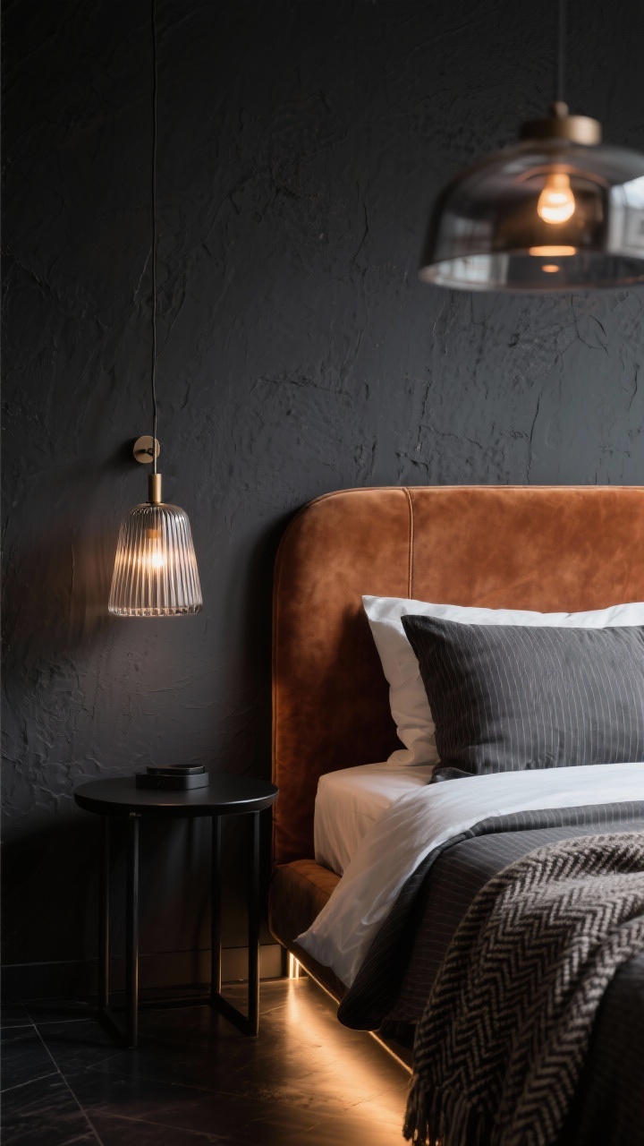 Photorealistic closeup/detail shot capturing the Moody Boutique Cocoon atmosphere: matte charcoal wall with rich texture; edge of a camel leather headboard (or rust velvet) against the dark wall; ribbed glass sconce glowing warmly; smoked-glass pendant blurred in background; subtle under-bed LED strip creating a halo on a dark floor; pinstripe bedding and a herringbone wool throw layered on the bed; black metal nightstand with minimal styling. Palette: charcoal, tobacco, rust, sable. Low, layered lighting for intimate, dramatic mood.