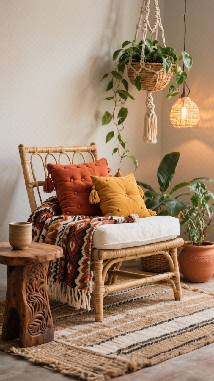 Photorealistic closeup/detail shot focused on layered boho textures: low-profile rattan lounge chair with cushy ivory seat pad draped with a bold-patterned throw, stacked earthy pillows in terracotta, mustard, and rust with tufted and tasseled details. Foreground includes a carved mango wood side table with a ceramic mug, background shows a macramé hanging planter overflowing with trailing pothos and woven basket pendant lights glowing warm. Natural stripe jute-and-cotton rug beneath, layered planters in terracotta, ceramic, and wicker visible. Intimate, cozy lighting, shallow depth of field.