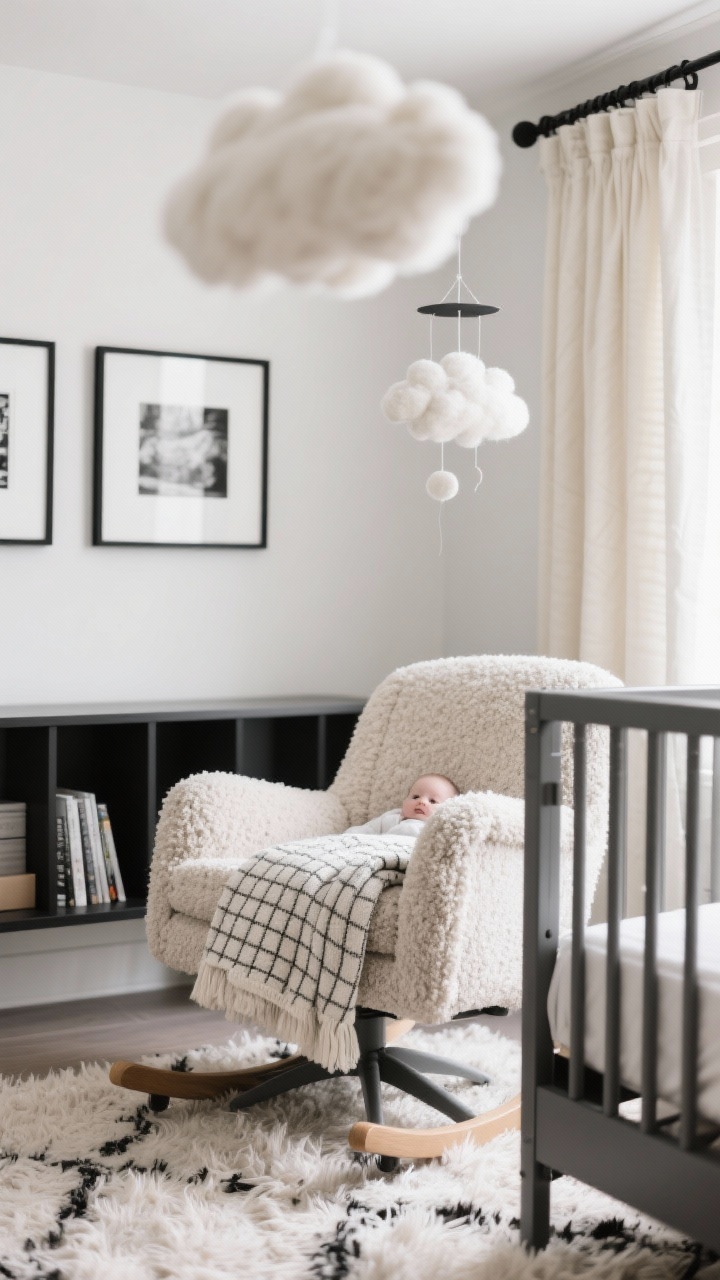 Photorealistic closeup detail shot focusing on textures in a Modern Monochrome nursery: warm white wall backdrop with framed black-and-white prints softly blurred; foreground shows a shaggy rug fibers, a folded waffle-knit blanket, and bouclé/teddy upholstery on a swivel glider arm; a slim black bookshelf edge and graphite powder-coated metal crib rail entering the frame; black curtain rod with ivory blackout panel fabric texture visible; felted cloud mobile slightly out of focus above; gentle diffused light enhancing texture.