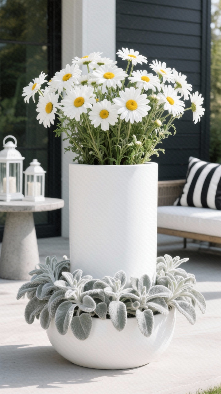 Photorealistic closeup detail shot focusing on texture: a tall matte white cylinder planter filled with pristine Shasta Daisies—crisp white petals and sunny centers—ringed at the base with velvety silver Lamb’s Ear (Stachys byzantina), showing the soft, fuzzy leaf texture. Background hints of a concrete side table, white lanterns, and a black-and-white striped outdoor pillow against dark siding. Palette: bright white, silver, soft green, matte finishes. Soft but bright daylight, clean shadows, gallery-like calm.