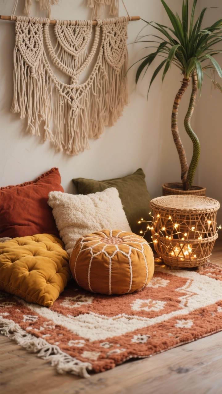 Photorealistic closeup/detail shot of a boho floor nest: thick Moroccan-style rug in muted terracotta and cream filling the frame; layered oversized floor pillows in rust, sand, and marigold, plus a tufted pouf. In the background, a macramé wall hanging and a low round rattan side table. Fairy lights twined inside a woven basket create a warm starry glow. Include a dracaena or snake plant adding verticality. Colors: terracotta, mustard, cream, olive. Materials: rattan, cotton, wool, macramé. Cozy, low-light hug-like mood.