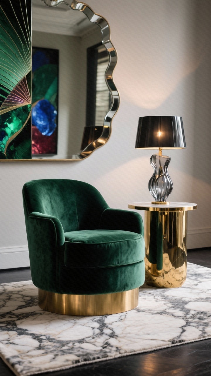 Photorealistic closeup/detail shot of a deep emerald velvet barrel chair beside a round brass side table; glossy, veined marble-look rug beneath; in frame, the edge of a sleek mirror with fan-shaped scalloped edges reflecting soft light; abstract artwork in jewel tones (emerald, sapphire, garnet) blurred in the background; a sculptural smoked-glass table lamp glowing for evening mood; materials spotlight on velvet, brass, glass, marble; accents of black and creamy white; dramatic yet refined vibe; tight composition with raking light to show velvet pile and brass sheen.
