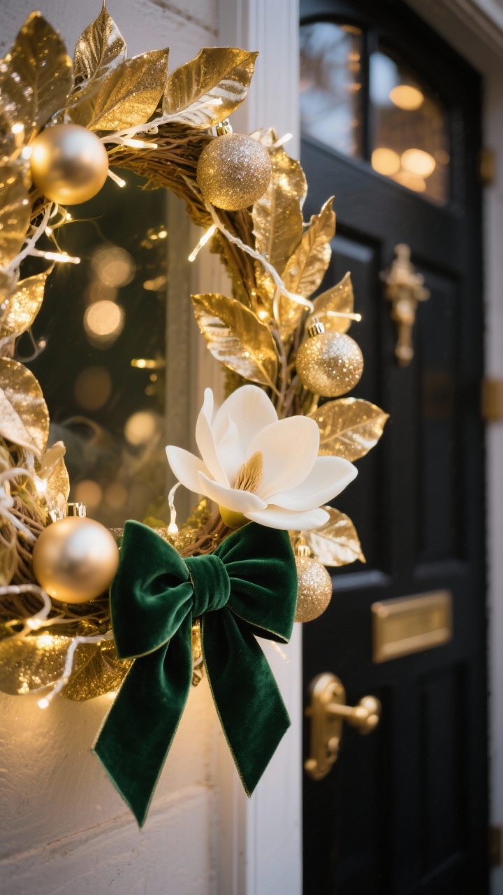 Photorealistic closeup detail shot of a magnolia-leaf wreath lightly brushed in luminous gold, no glitter, with a thick emerald velvet bow tied at the base. Soft white fairy lights weave through leaves, with a few champagne-toned baubles nestled among them. Background bokeh hints at a black front door and polished or unlacquered brass hardware. Elegant, warm evening glow suggesting a holiday soirée.