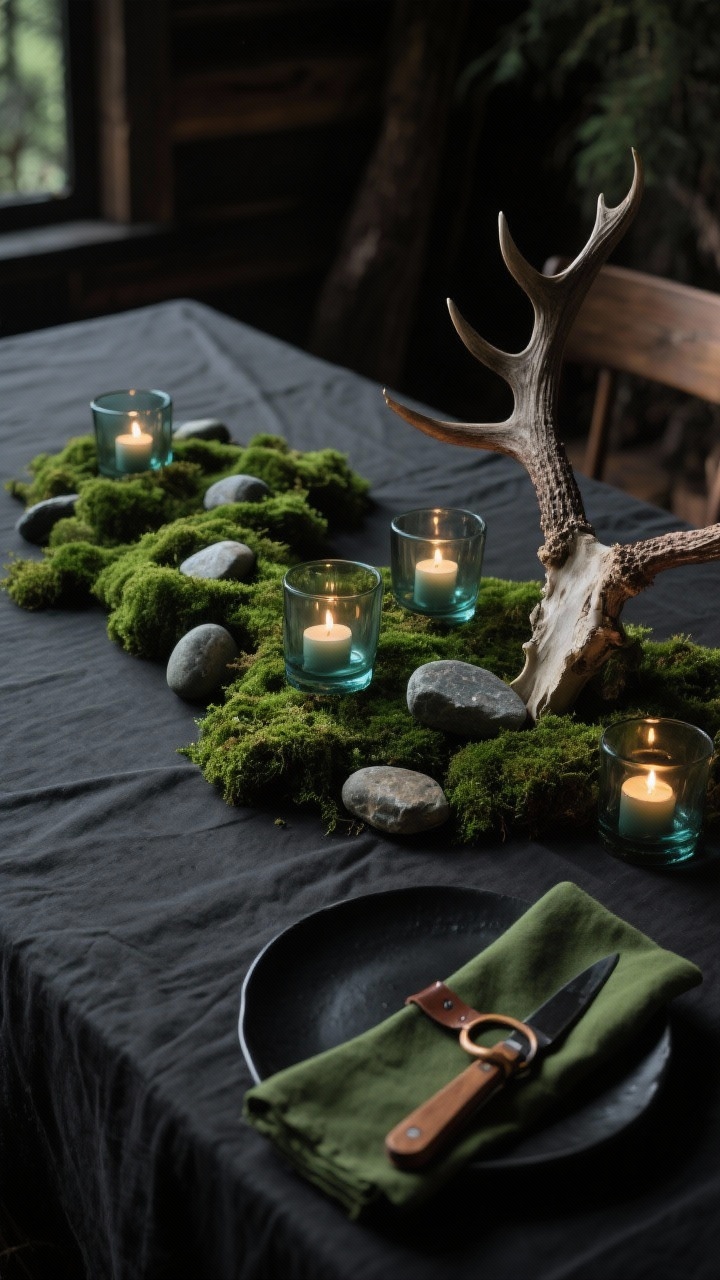 Photorealistic closeup detail shot of a moody forest-inspired centerpiece on a charcoal linen tablecloth: a winding bed of lush sheet moss dotted with smooth river stones, smoky glass tealight holders glowing warmly. Nearby, a fragment of an antler shed adds sculptural height. Edge of a black ceramic plate with wood-handled knife and a forest-green napkin with a leather ring peeks into frame. Palette of mossy greens and charcoal blacks, intimate cabin ambiance, low evening lighting with soft shadows.