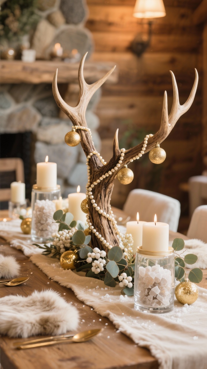 Photorealistic closeup/detail shot of a rustic champagne chalet centerpiece: a faux antler (or driftwood) draped with champagne bead garlands and soft gold ornaments, clusters of ivory pillar candles in hurricane vases filled with coarse rock salt “snow,” with pale eucalyptus and white berries tucked around the base. The table features a champagne-linen runner and hints of faux fur placemats. Warm, soft lighting with stone accents and warm wood tones blurred in the background. Palette of champagne, cream, warm wood, and soft gold.